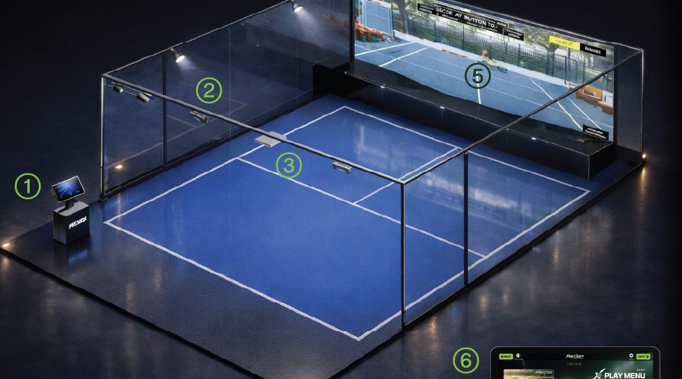 Raxion simulator court layout with screen, sensors and kiosk